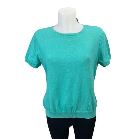 RALPH LAUREN Green‎ Tight Knit Short Sleeve Blouse 100% Cotton large - Picture 1 of 9